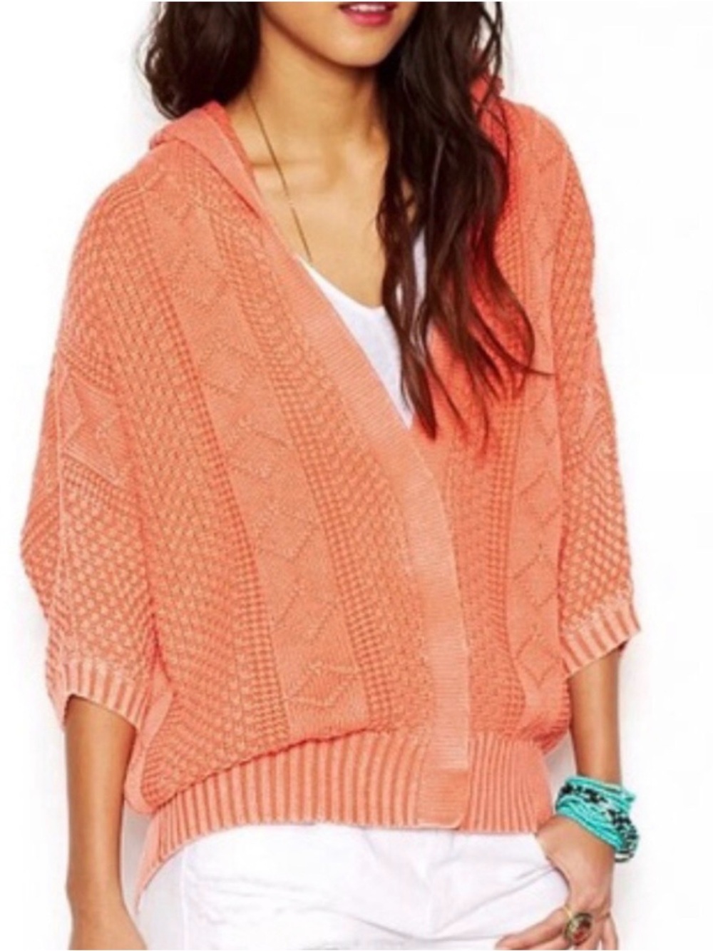Free People Relaxed Peach Coral Hooded Crochet Knit Washed Out Cardigan Boho